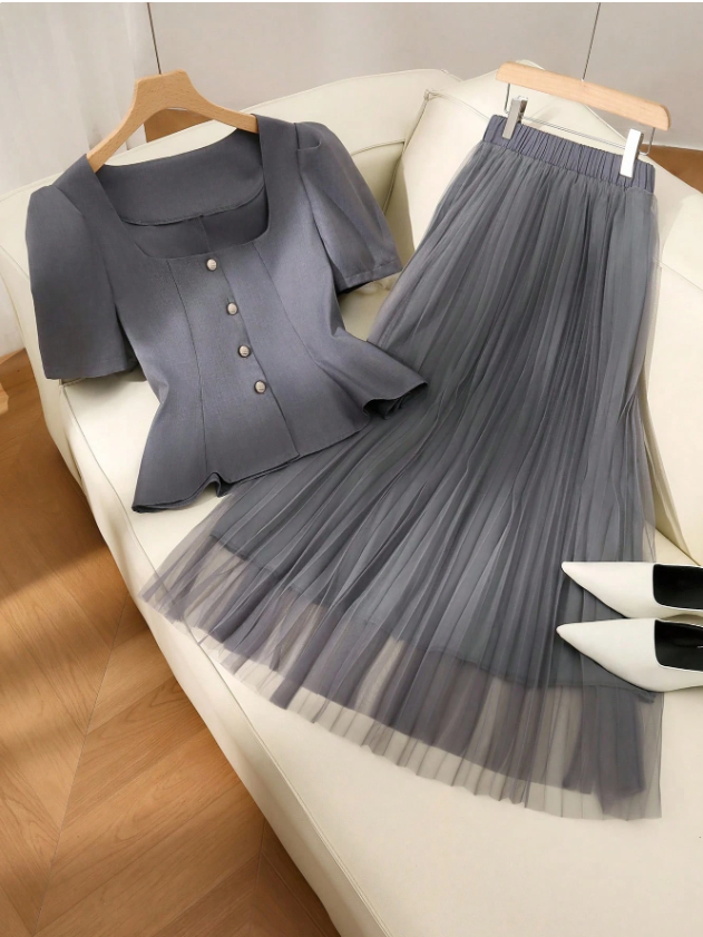 Plus Size Softly Pleated Skirt and Suit Top