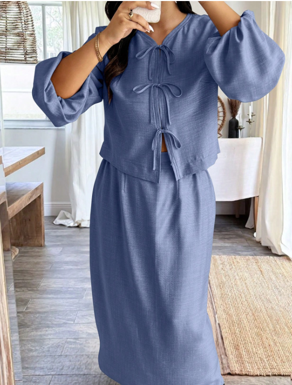 Bow & Gathered Sleeve Top & Skirt