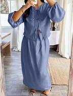 Bow & Gathered Sleeve Top & Skirt