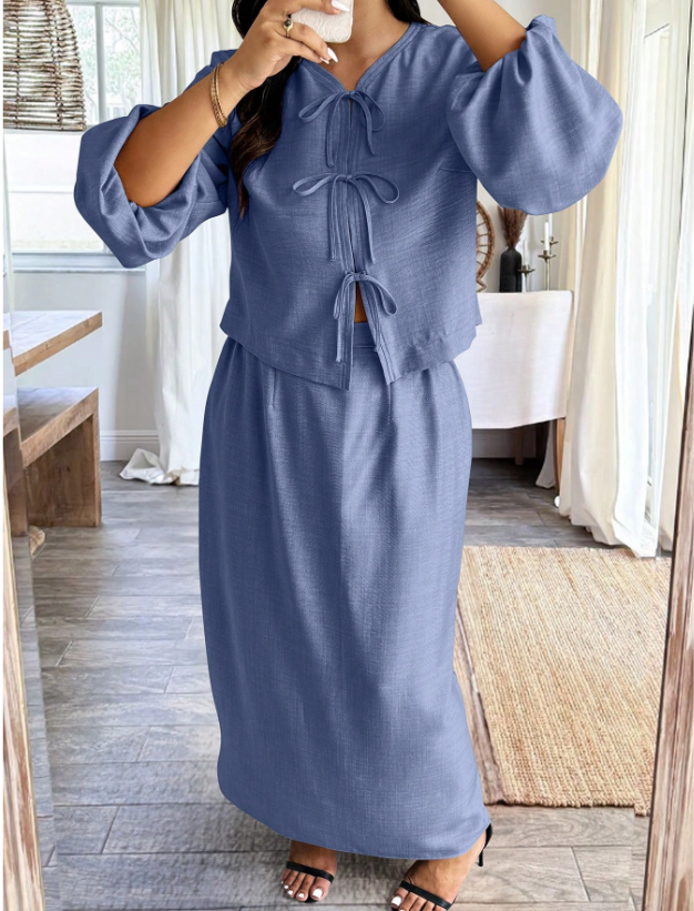 Bow & Gathered Sleeve Top & Skirt