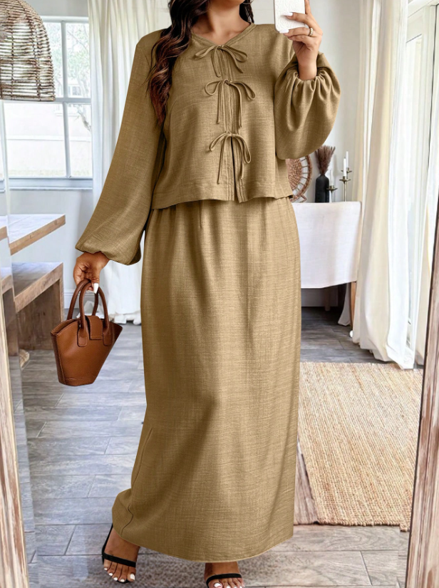 Bow & Gathered Sleeve Top & Skirt