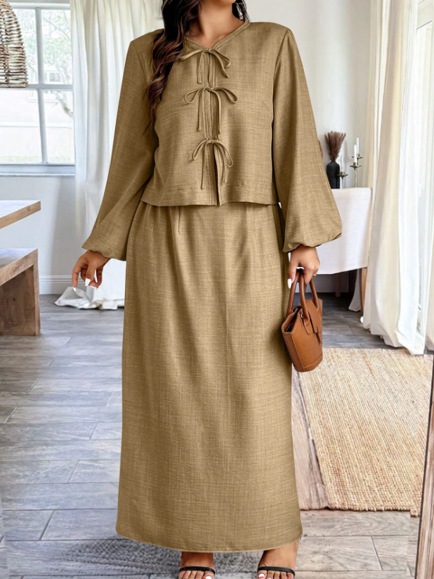 Bow & Gathered Sleeve Top & Skirt