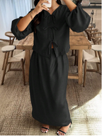 Bow & Gathered Sleeve Top & Skirt