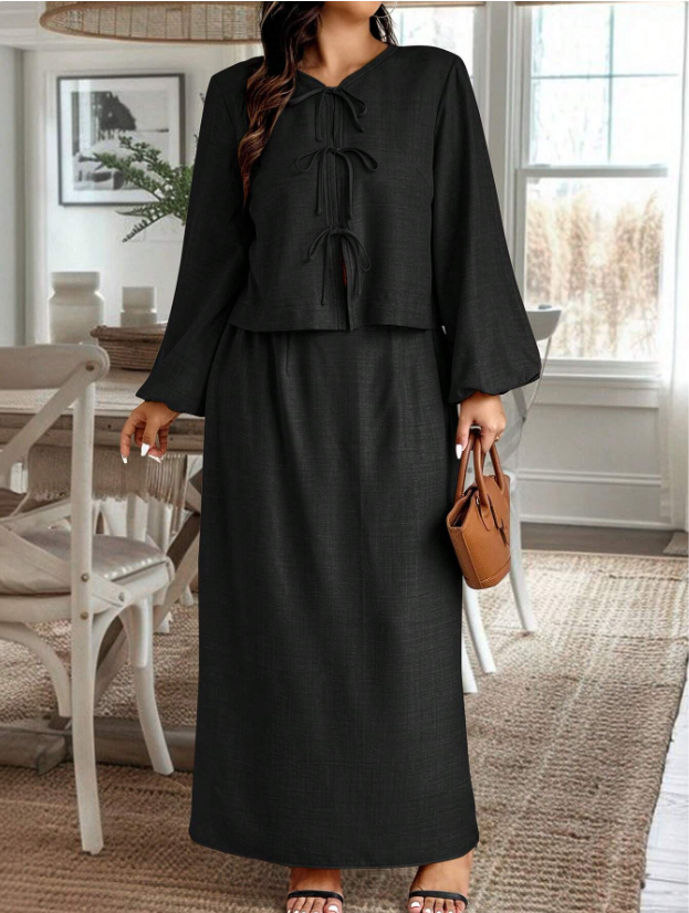 Bow & Gathered Sleeve Top & Skirt