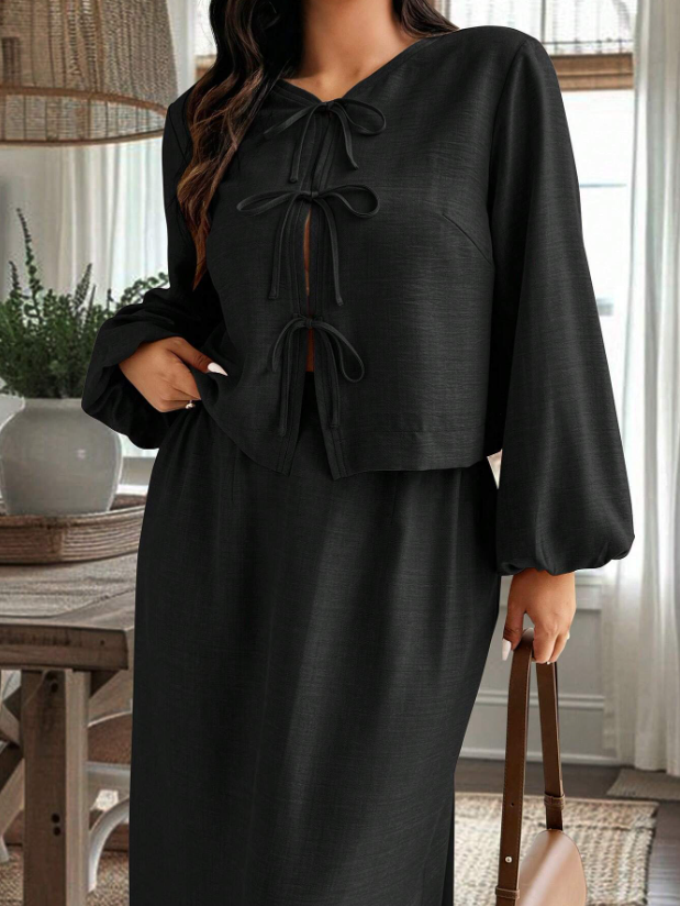Bow & Gathered Sleeve Top & Skirt