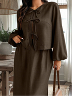 Bow & Gathered Sleeve Top & Skirt