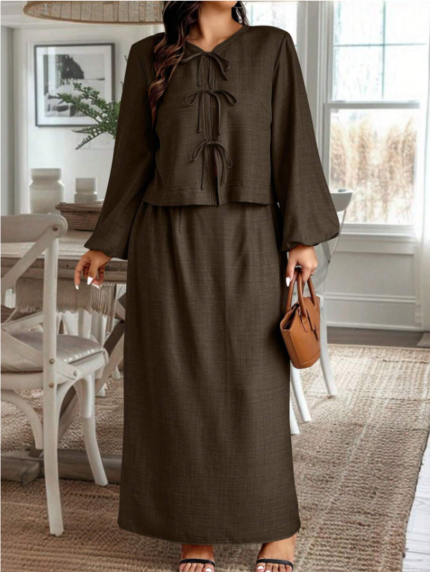 Bow & Gathered Sleeve Top & Skirt