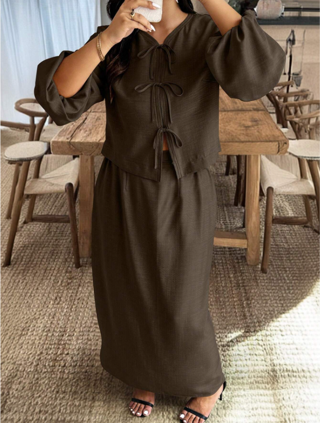 Bow & Gathered Sleeve Top & Skirt