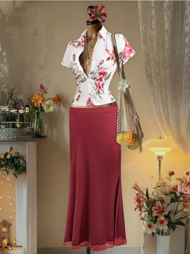 Floral Printed Top and Solid Skirt PLUS