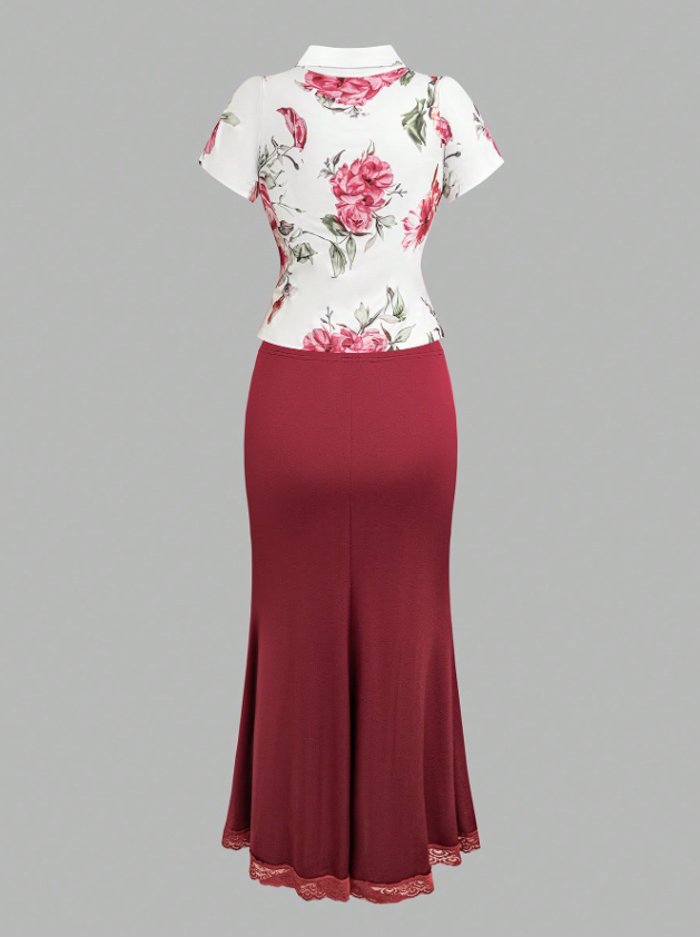 Floral Printed Top and Solid Skirt PLUS