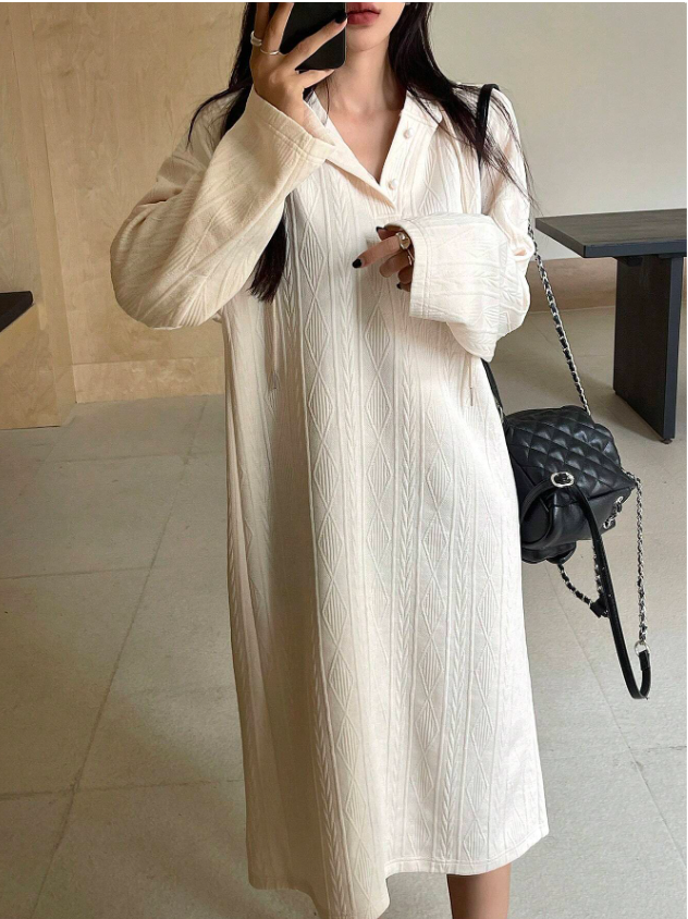 Draped Textured Hoodie Dress