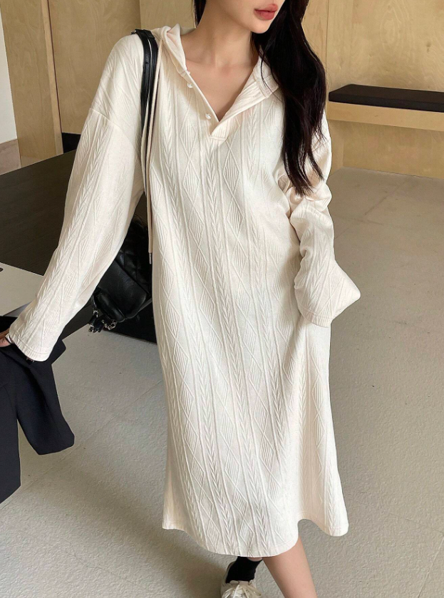 Draped Textured Hoodie Dress