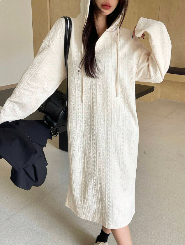 Draped Textured Hoodie Dress