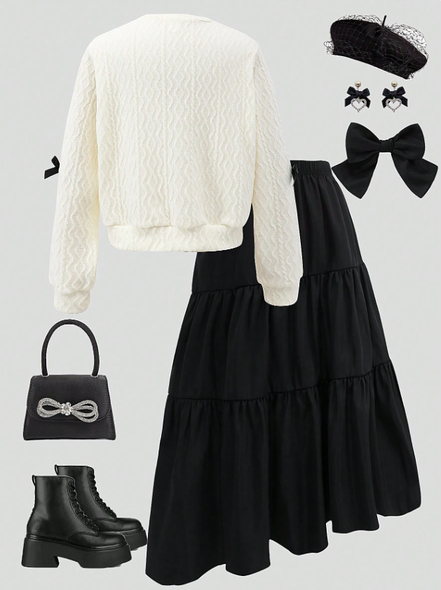 GIRLs Bowtie Sweater and Ruffle Skirt