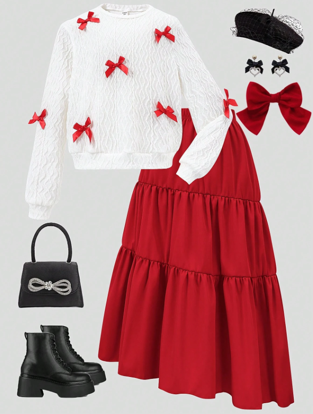 GIRLs Bowtie Sweater and Ruffle Skirt