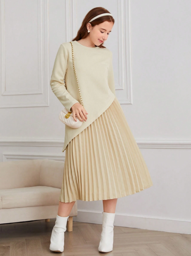 Assymetrical Sweater and Pleated Dress