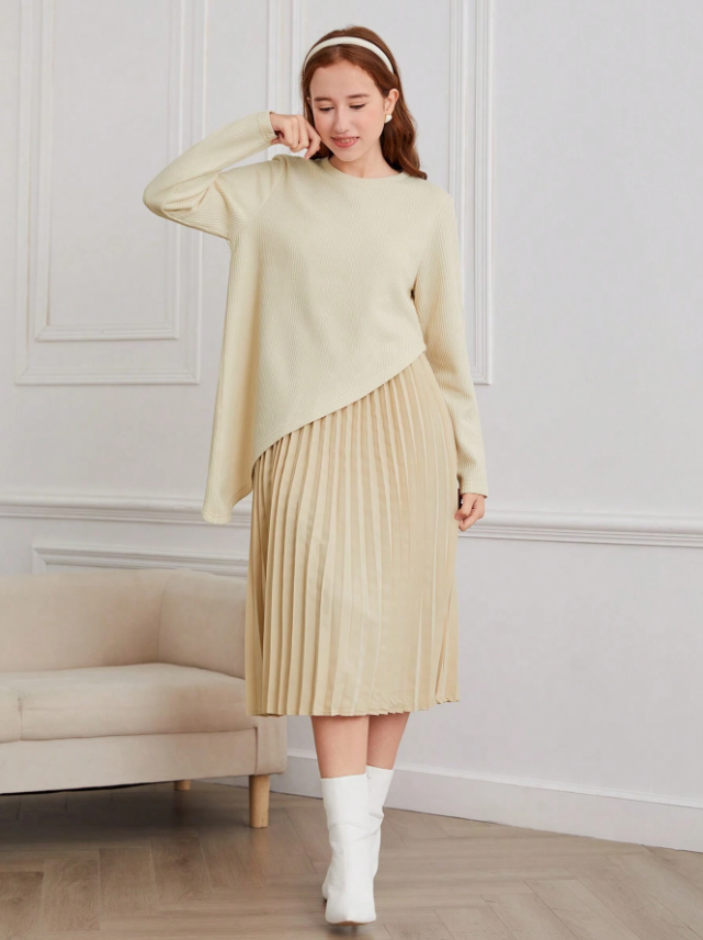 Assymetrical Sweater and Pleated Dress
