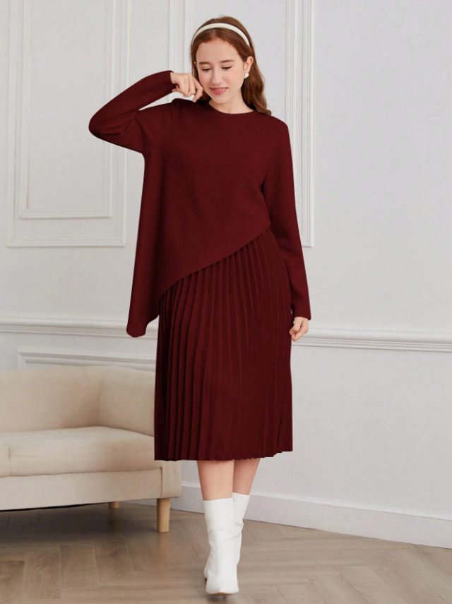 Assymetrical Sweater and Pleated Dress