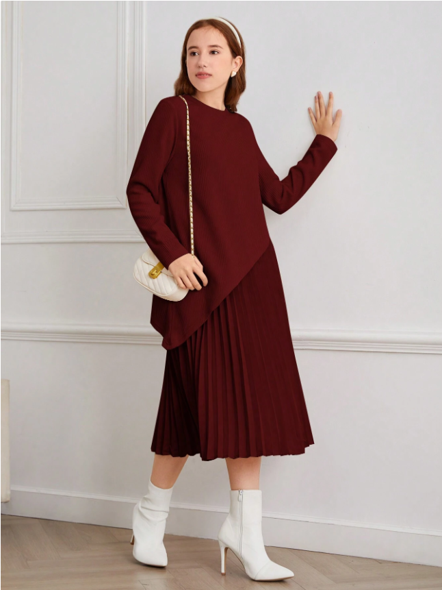 Assymetrical Sweater and Pleated Dress