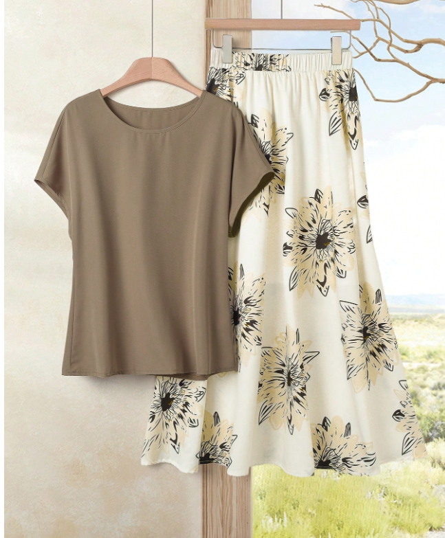 So Neutral Top and Printed Skirt