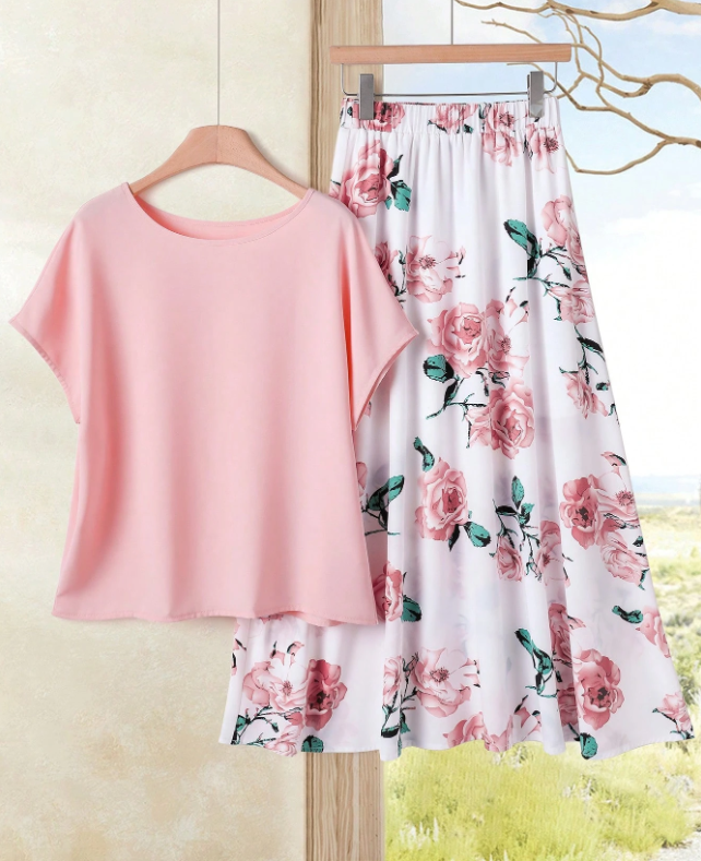 So Neutral Top and Printed Skirt