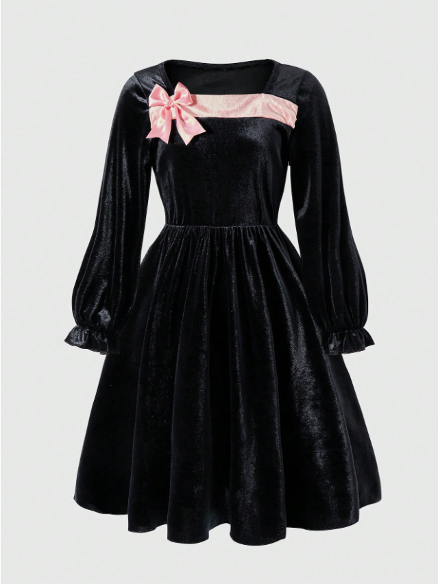 Velvet Black with a Pink Bow Dress