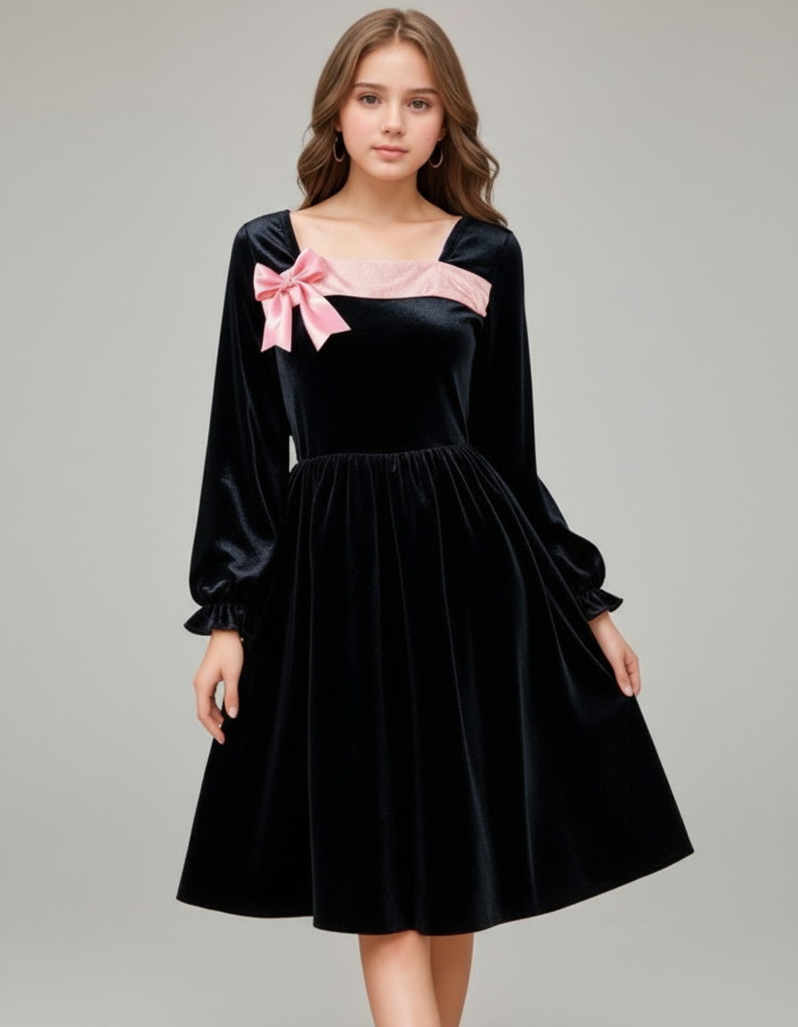 Velvet Black with a Pink Bow Dress