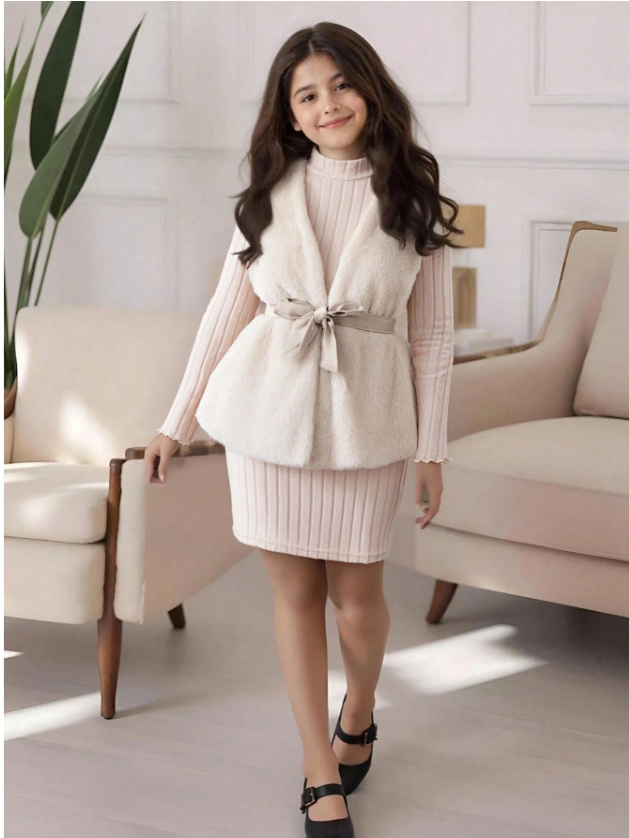 GIRLs Fashion Fur Dress with Belt