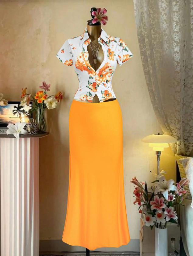 Floral Printed Top and Solid Skirt PLUS