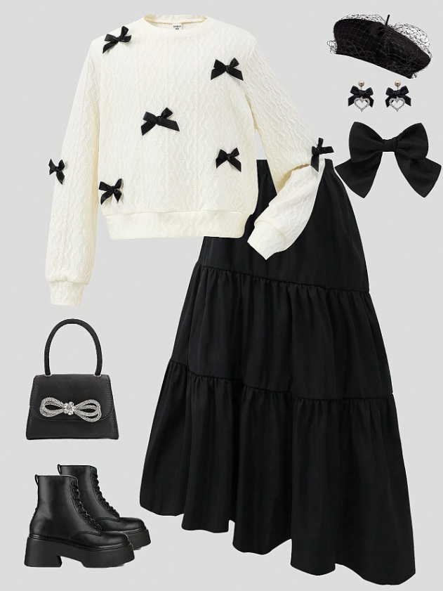 GIRLs Bowtie Sweater and Ruffle Skirt