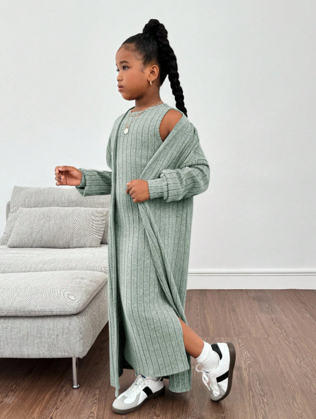 GIRLs Long Cardigan and Dress Set