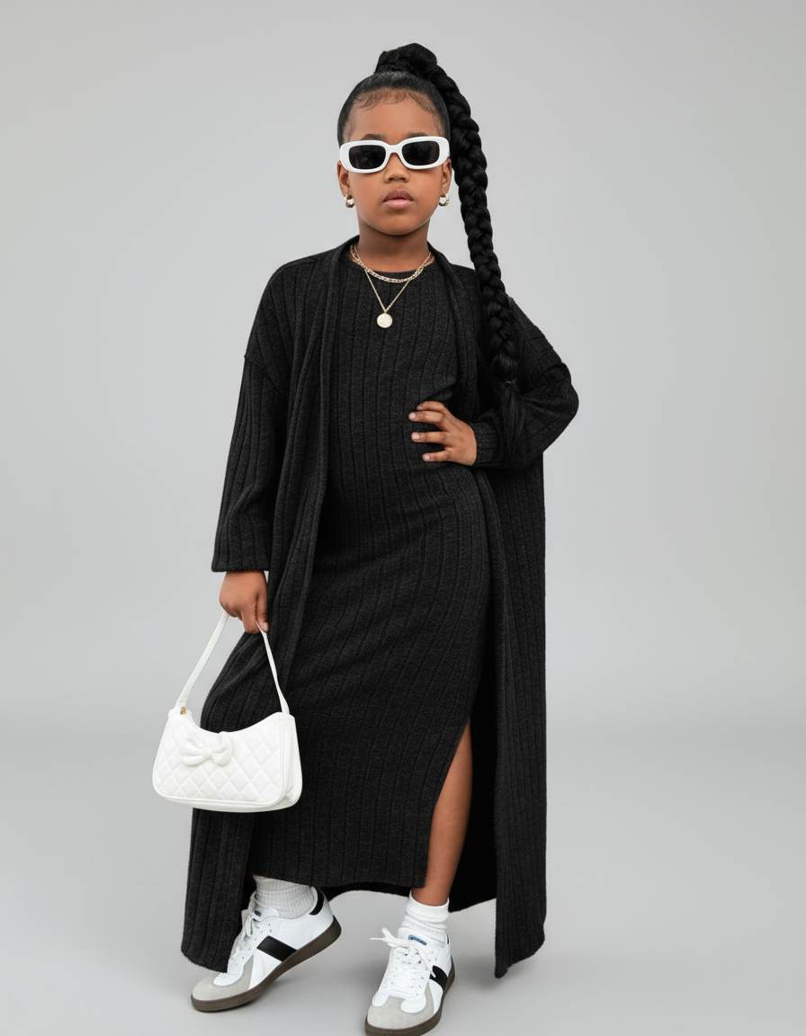 GIRLs Long Cardigan and Dress Set