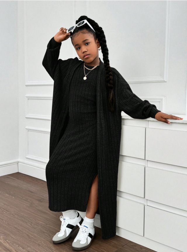 GIRLs Long Cardigan and Dress Set
