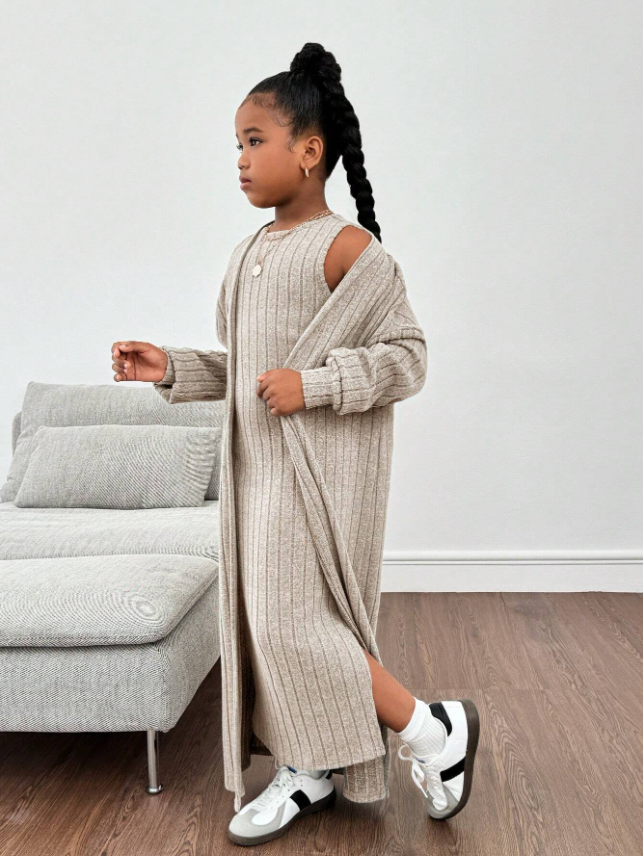 GIRLs Long Cardigan and Dress Set
